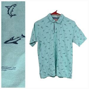 Wrangler Boys XL 14/16 Soft Blue Cotton Polo Shirt Shark Print Short Sleeve Top